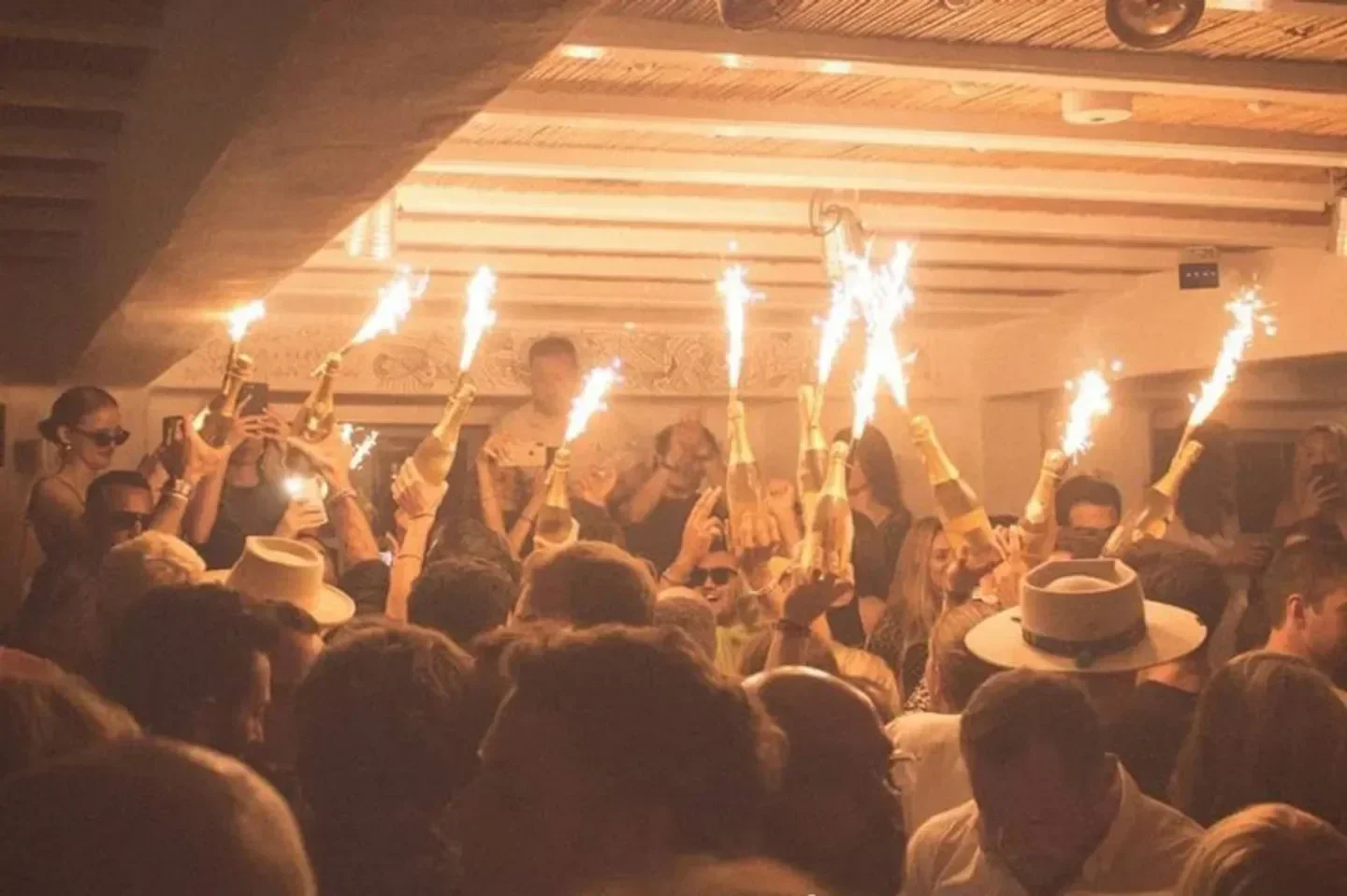 Champagne bottles with fireworks at Moni nightclub in Mykonos