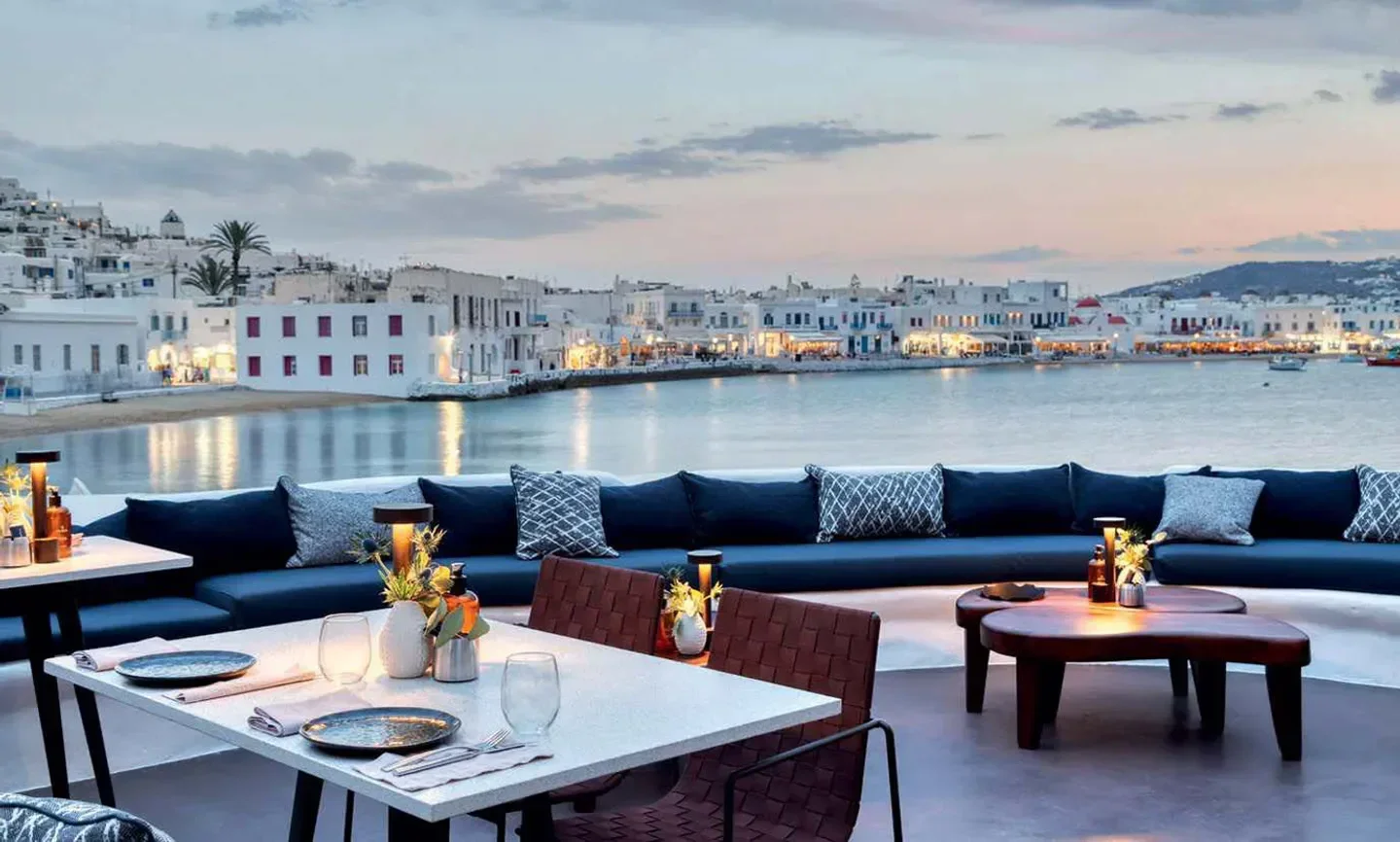 Remezzio restaurant in Mykonos: waterfront dining with a stunning view.